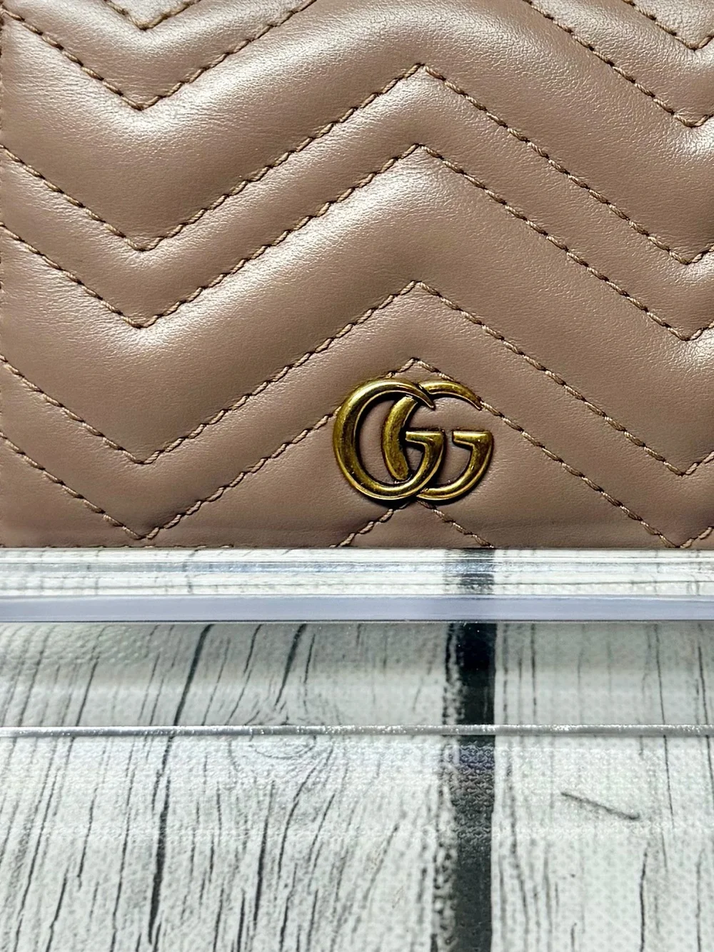 PRE LOVED GUCCI GG Marmont Quilted Leather Bifold Wallet Taupe